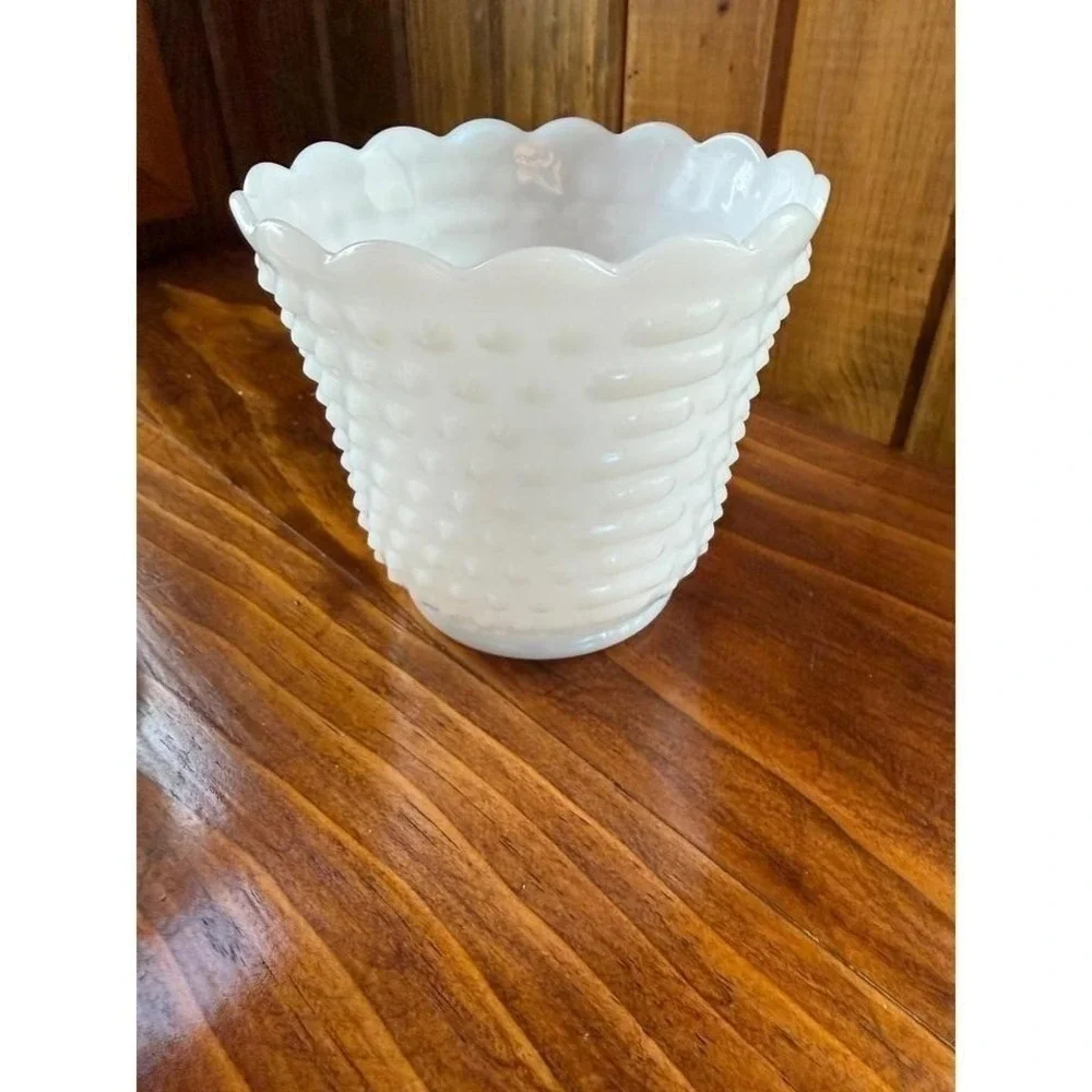 Vintage Fire-King Milk Glass Hobnail Planter Scalloped Rim White Bowl Made inUSA